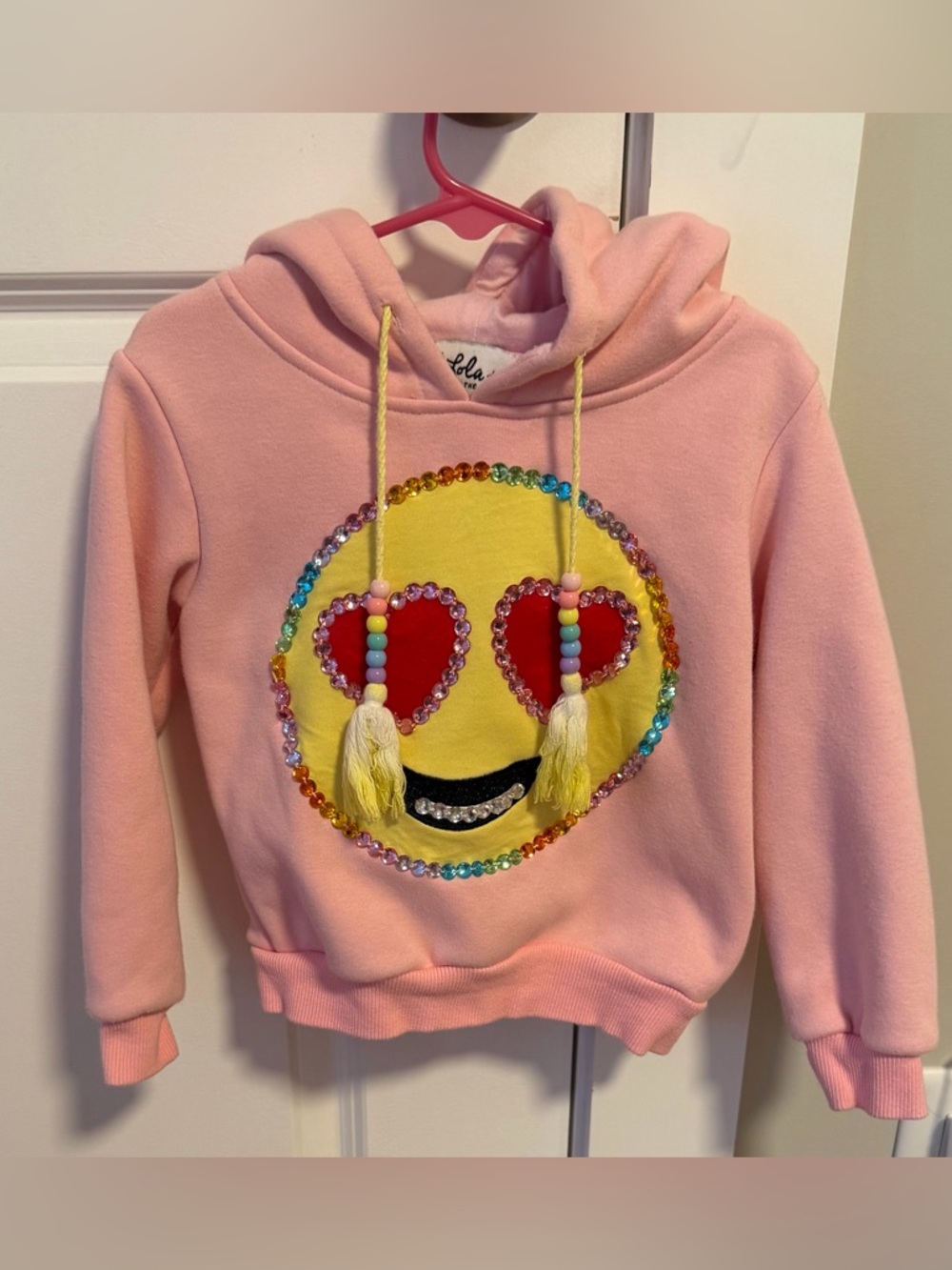 Girls' Pink Heart-Eyes Emoji Hooded Sweatshirt with Tassel Drawstrings
